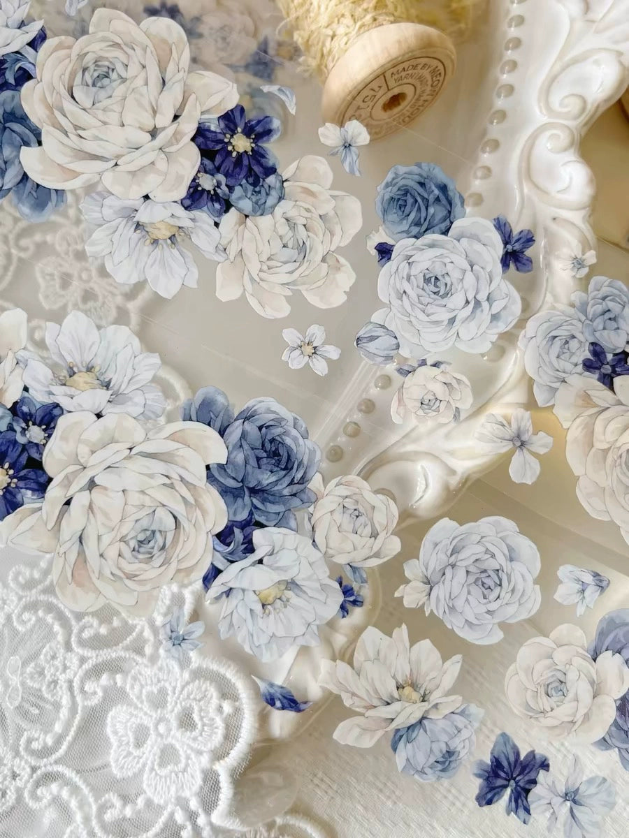 2038 - Blue White Cream Roses 5.5x100cm Glossy PET Tape