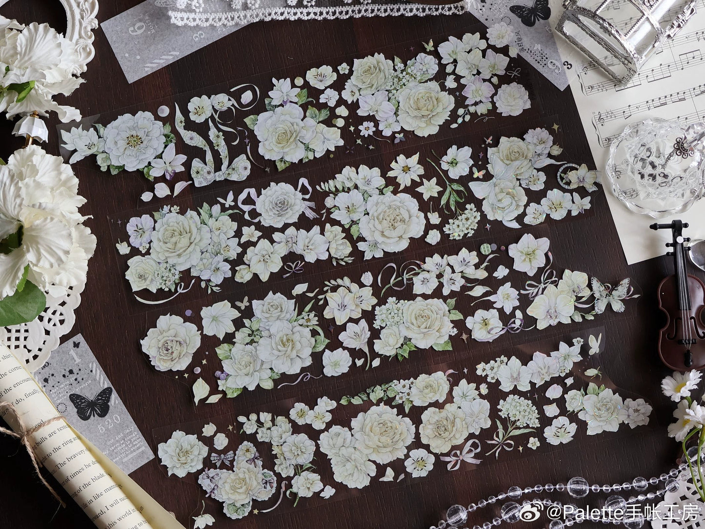 2146-PALETTE STUDIO White Flowers 6x100cm Shell Luster PET Tape