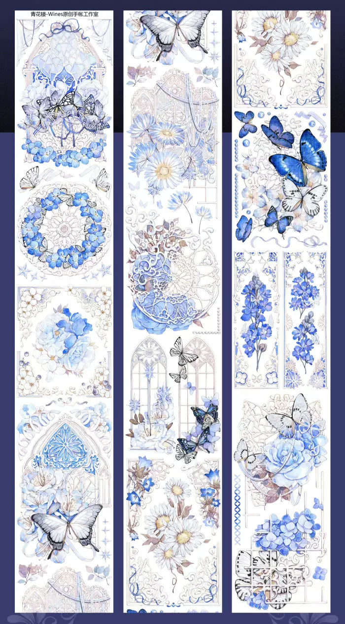 1020 - Blue Flowers 6.5x100cm Shell Luster PET Tape