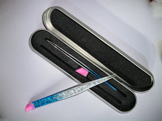 Tweezer Set Silver Box Blue Tweezers
