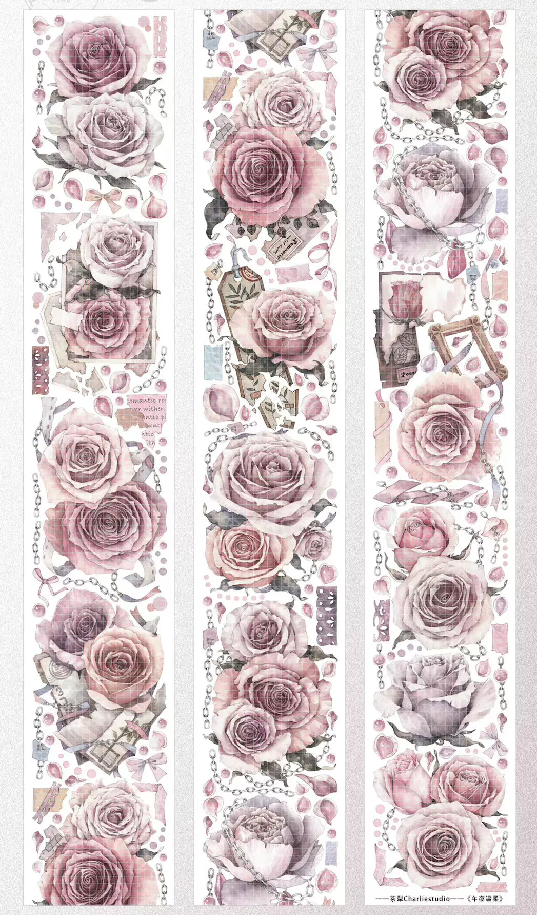 0914 - CHARLIES STUDIO Pink Roses 6.5x100cm Iridescent PET Tape