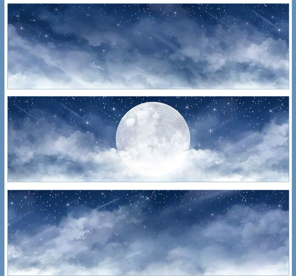 A roll of glossy PET tape with a design that includes a night sky with clouds and a full moon, predominantly in blue tones.